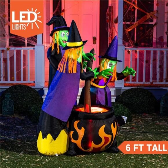 Joiedomi 6 FT Tall Halloween Inflatables Three Witch Around Cauldron with Flame - Picture 3 of 7